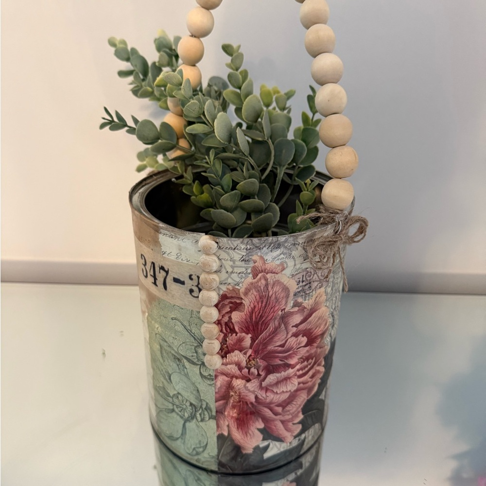Floral Tin Planter with Beaded Handle